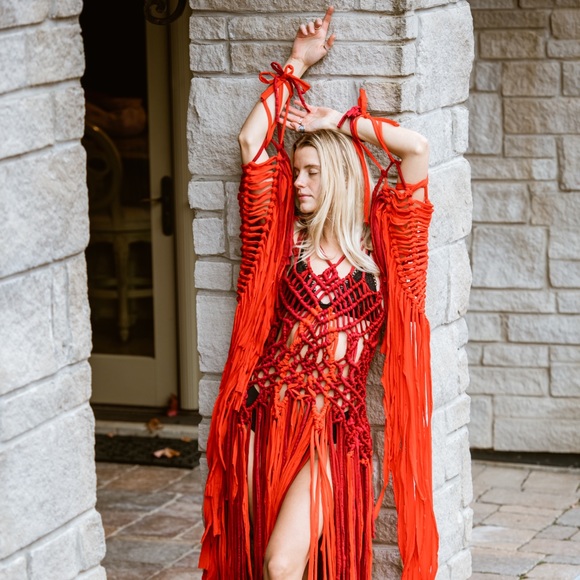 Handmade Macramé Deep Red Dress Cut Out Designer NYFW - Picture 11 of 16